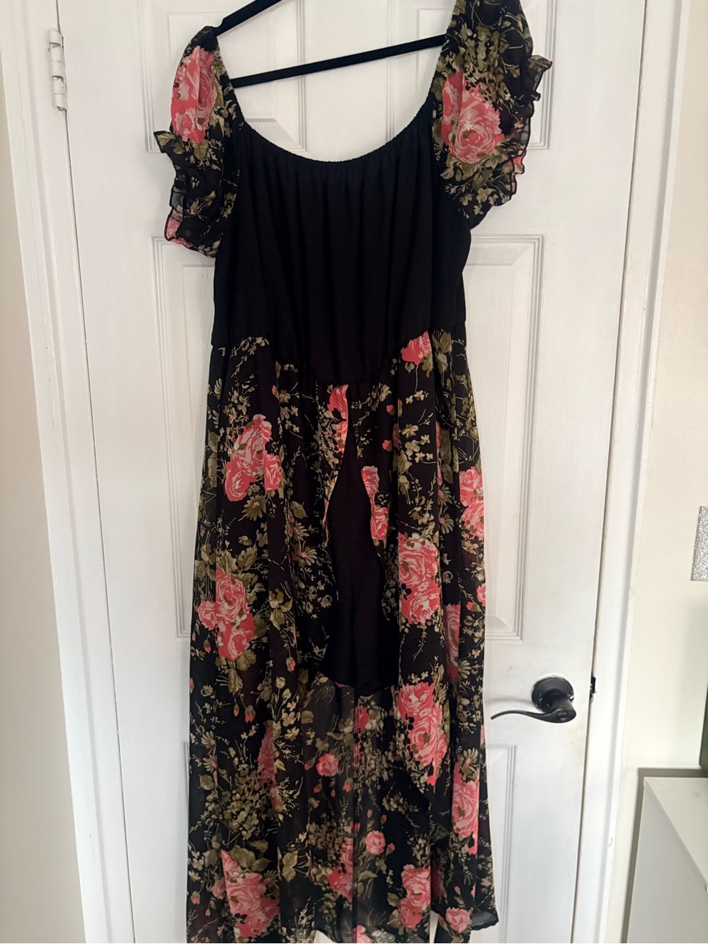 Floral Black Maxi Dress with Pink Roses